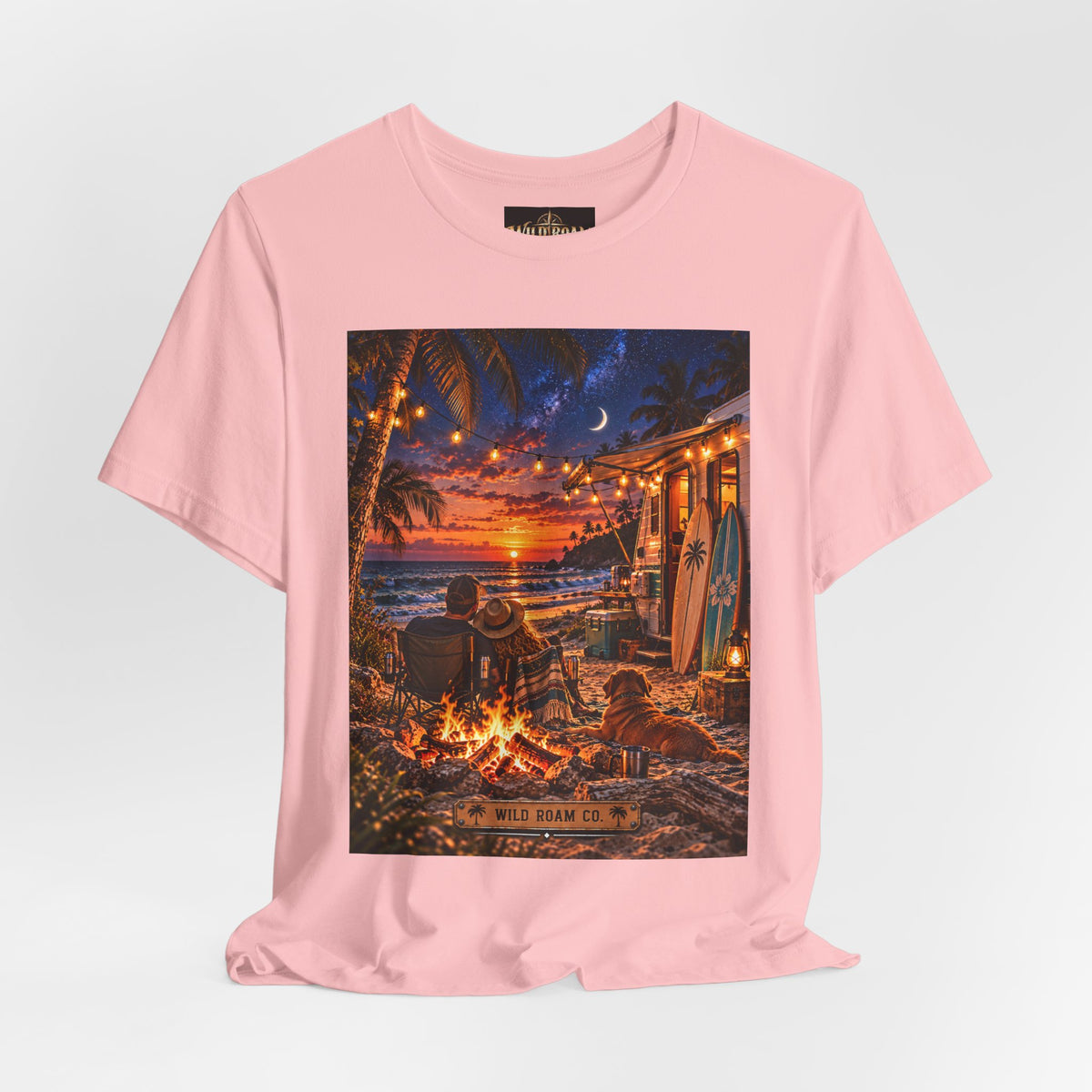 Beach Bonfire Sunset T-Shirt — Surfboard Campfire Coastal Graphic Tee