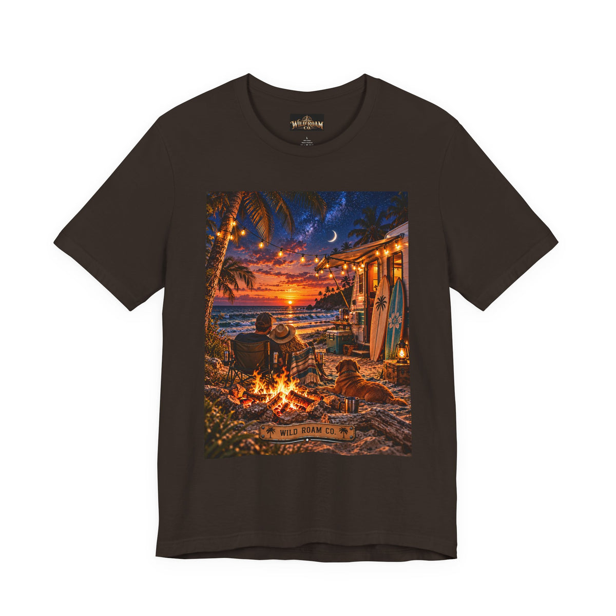Beach Bonfire Sunset T-Shirt — Surfboard Campfire Coastal Graphic Tee