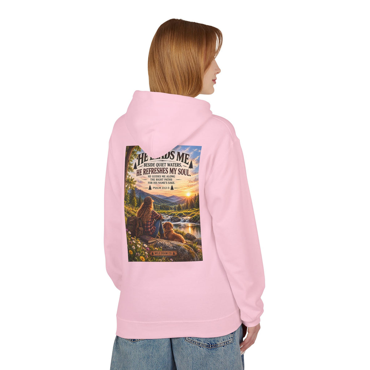 Women's Wild Roam Co. Scenic Hoodie — "He Leads Me Beside Quiet Waters" Inspirational Nature Pullover