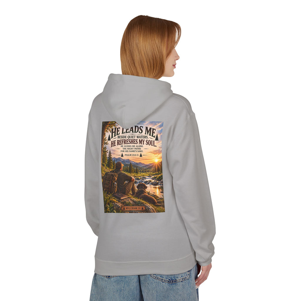 Men's Hoodie — "He Leads Me" Scenic Christian Outdoors Hoodie