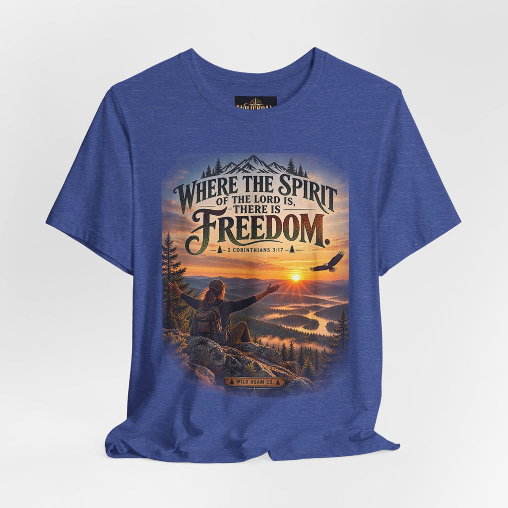 Women's Freedom Sunrise Tee — "Where the Spirit of the Lord is, there is Freedom" Christian T‑Shirt