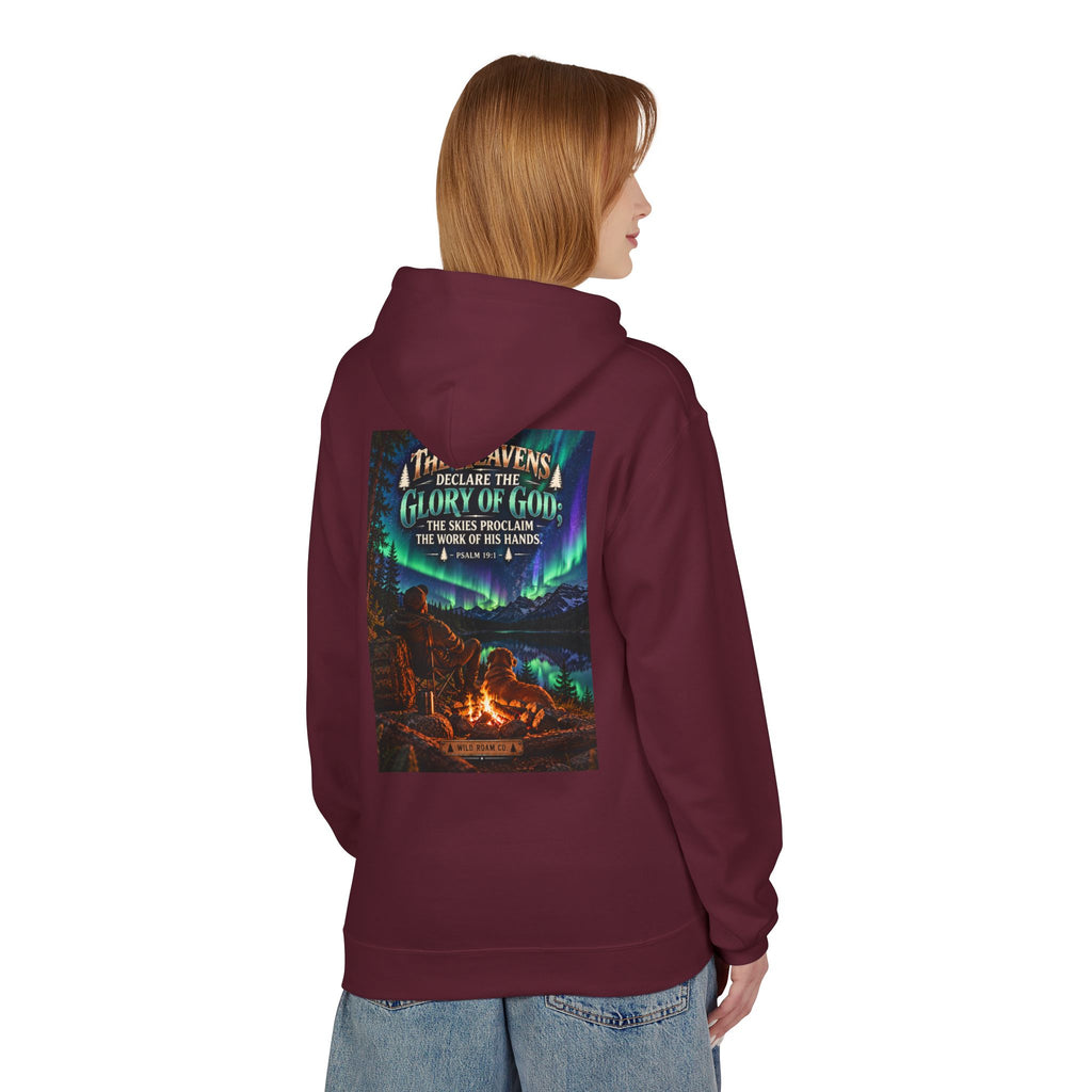 Men's Wilderness Campfire Hoodie — "The Heavens Declare" Scenic Christian Adventure Pullover