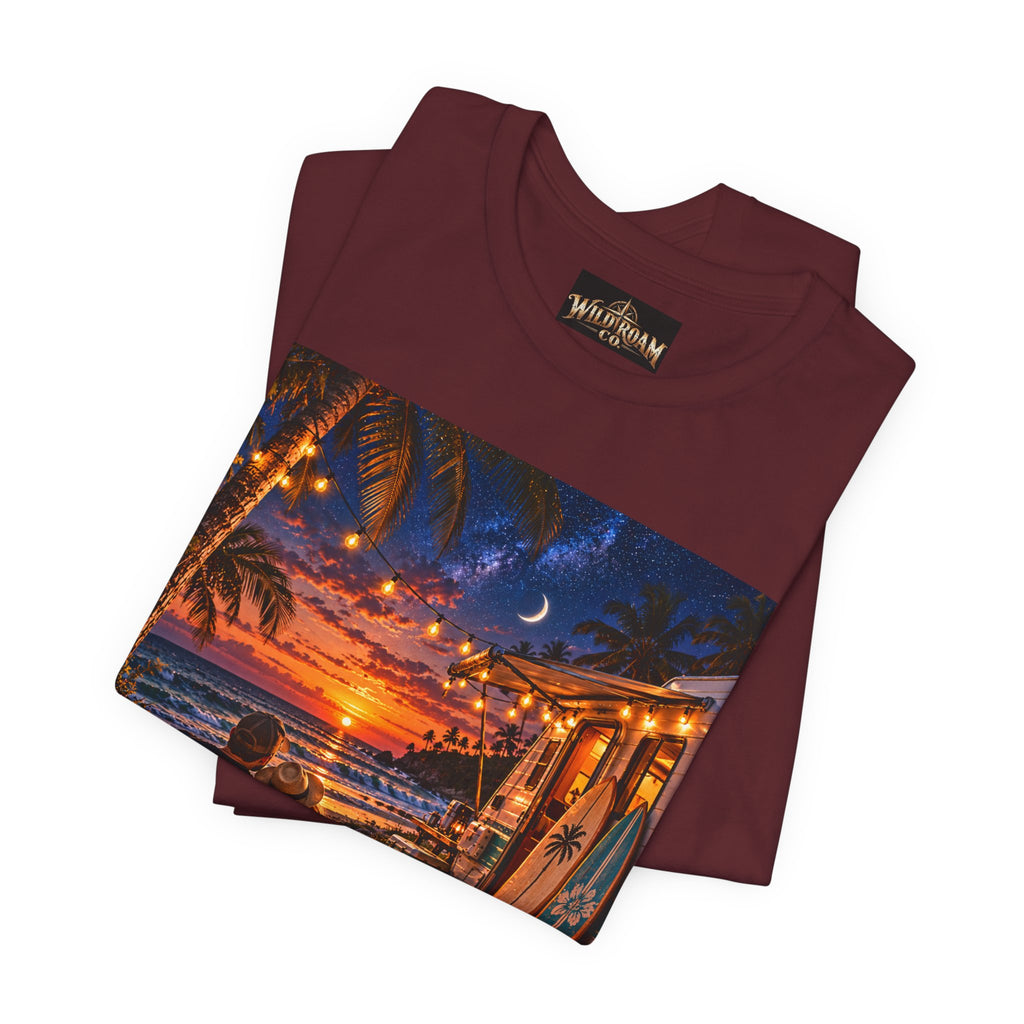 Beach Bonfire Sunset T-Shirt — Surfboard Campfire Coastal Graphic Tee