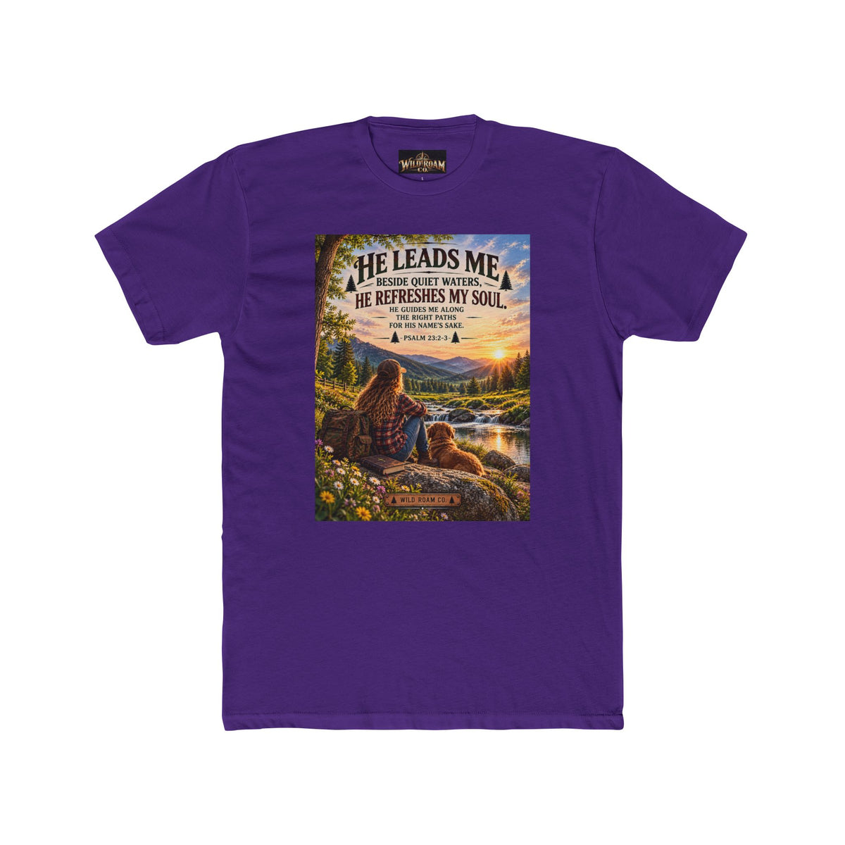 Women's Christian Shepherd Psalm T-Shirt — "He Leads Me Beside Quiet Waters" Scenic Faith Tee
