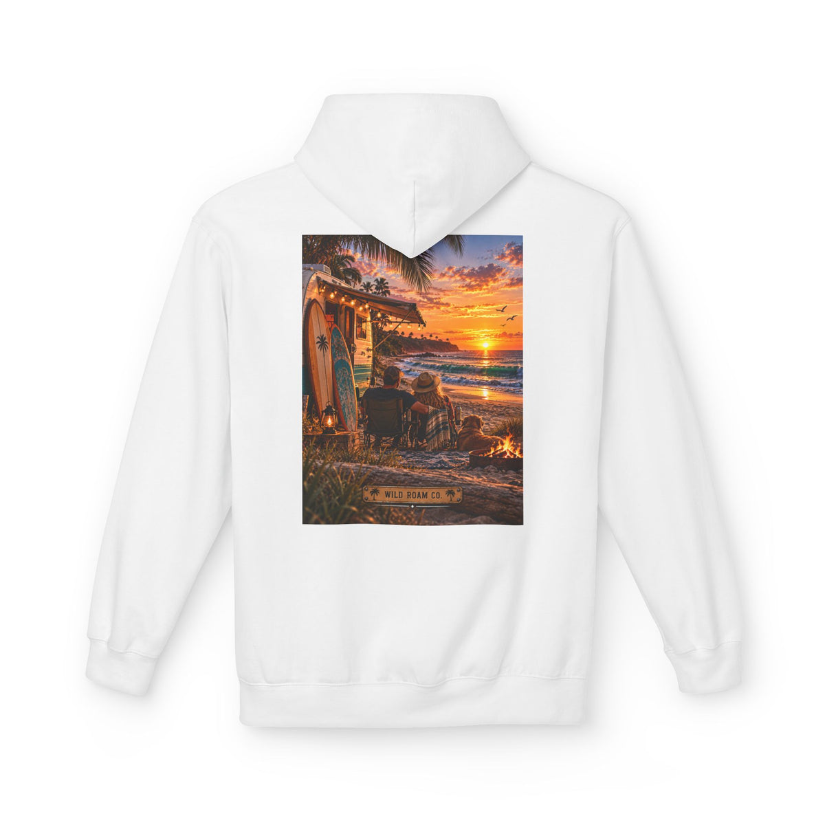 Wild Roam Co Hoodie--Surf Sunset Graphic Hoodie (Beach Sunset Surf Shack Design)