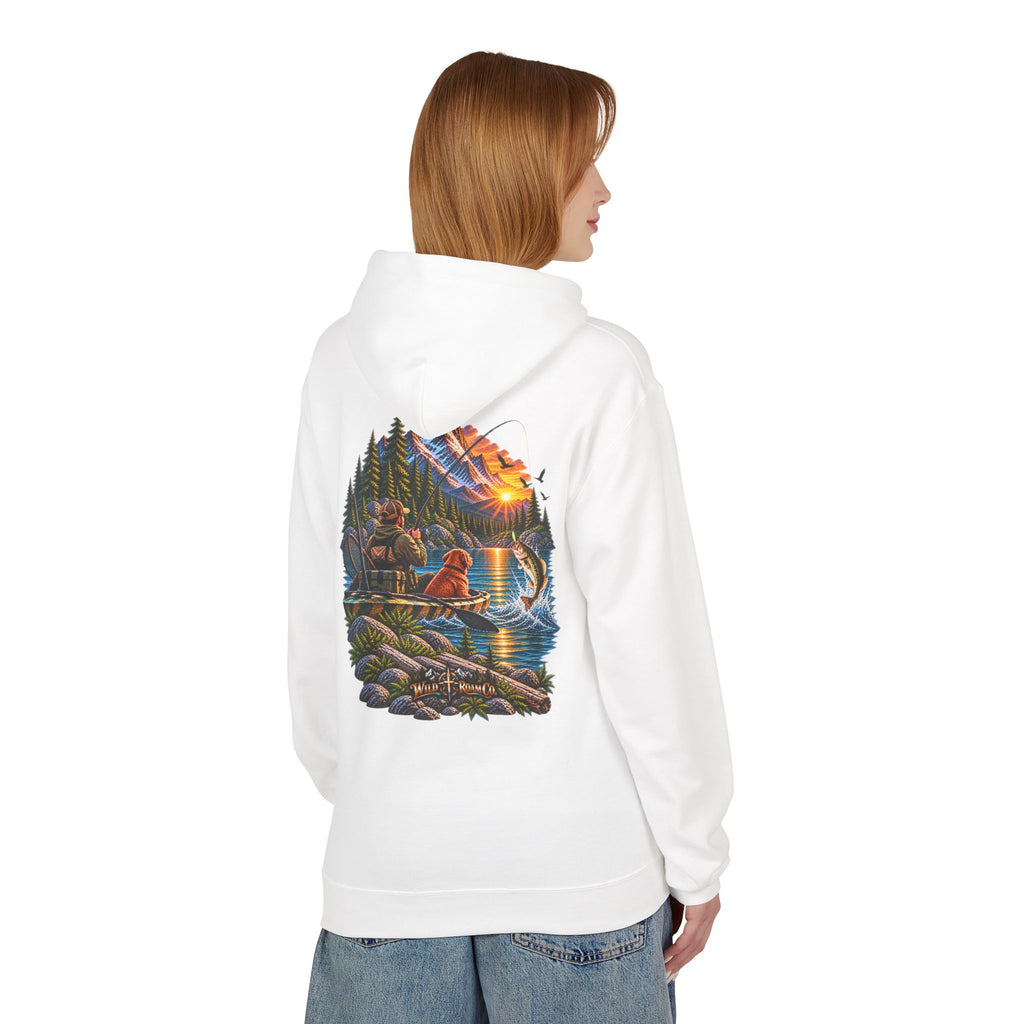 Wild Roam Co. Scenic Adventure Hoodie — "Wild Roam" Mountain & Lake Graphic