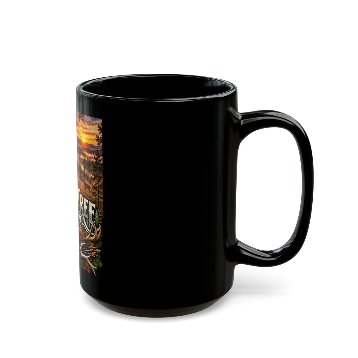 Wild & Free to Roam Black Coffee Mug — Deer Stand Rustic Hunting Sunset 11oz/15oz