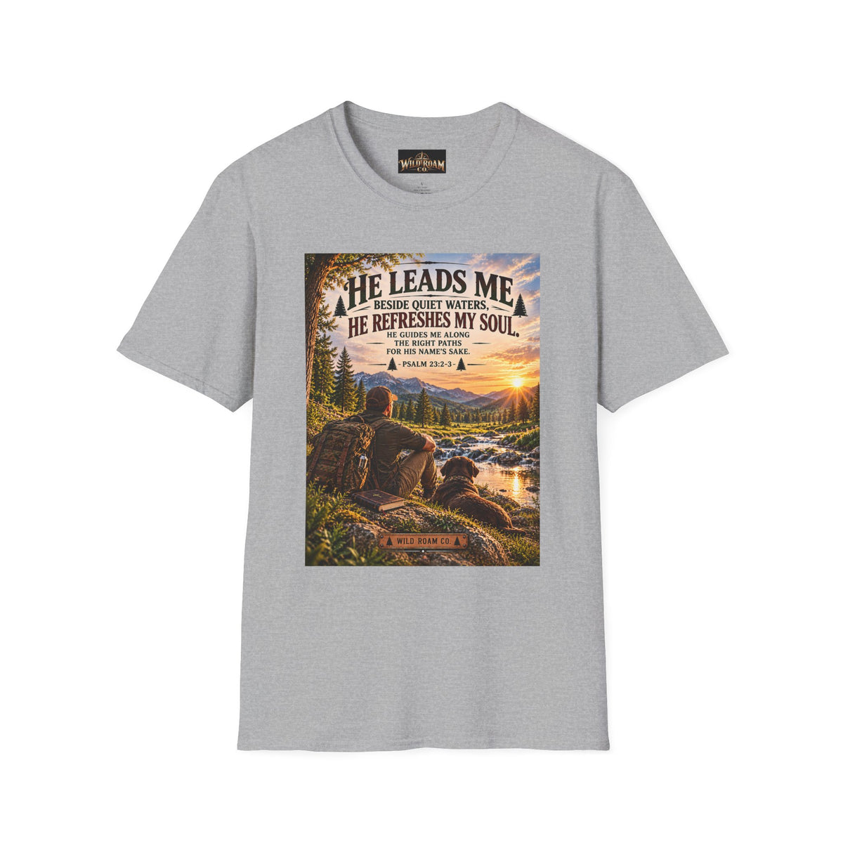 Men's He Leads Me Psalm 23 Scenic T-Shirt — Christian Faith Outdoors Graphic Tee