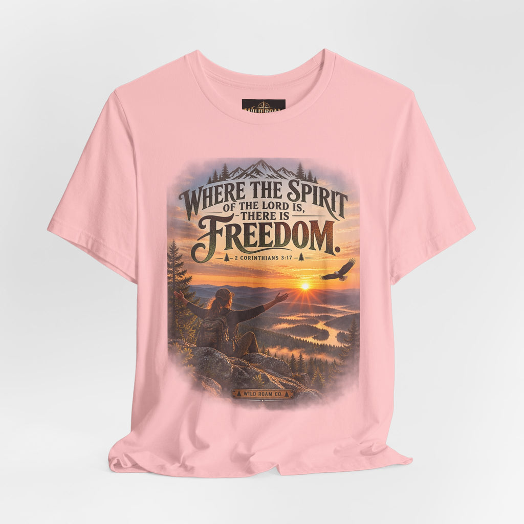 Women's Freedom Sunrise Tee — "Where the Spirit of the Lord is, there is Freedom" Christian T‑Shirt