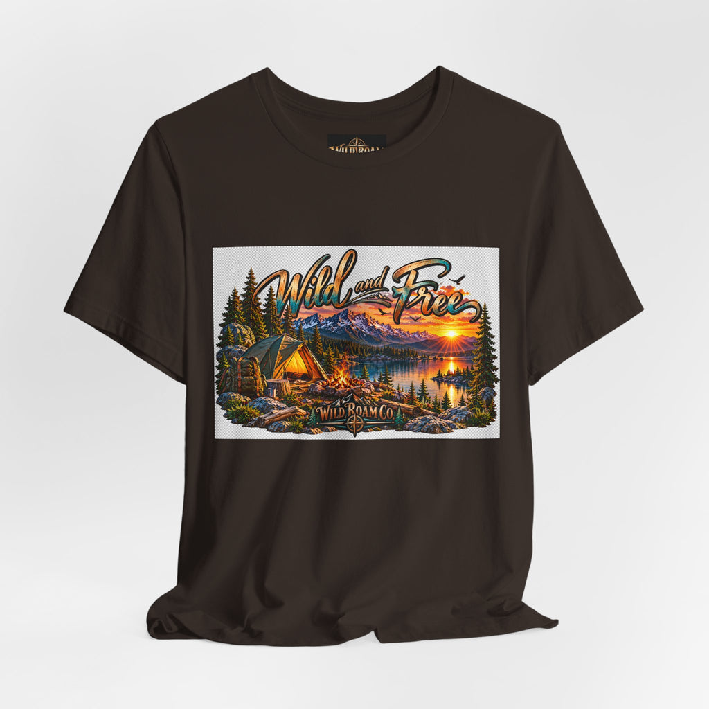 Wild and Free Camping T-Shirt — Mountain Lake Sunset Graphic Tee