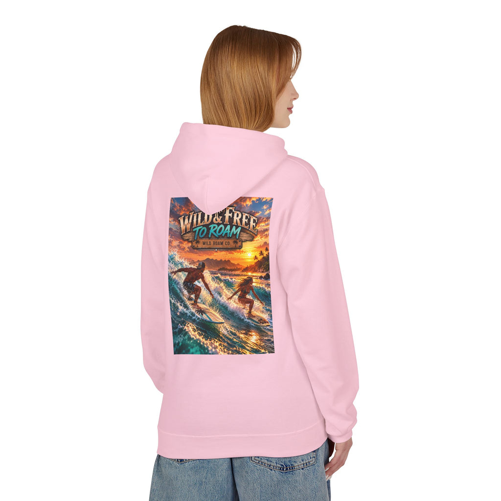 Surf Adventure Hoodie — "Wild & Free to Roam" Sunset Surf Graphic