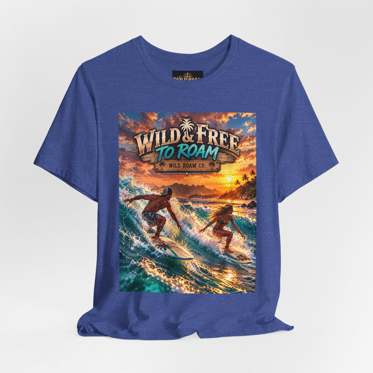 Surfing Sunset T‑Shirt — "Wild & Free to Roam" Beach Graphic Tee