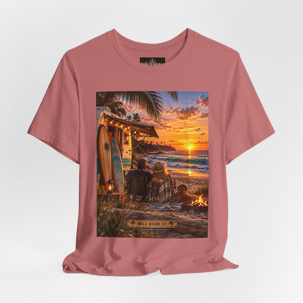 Sunset Surf Camp Tee — Beach Sunset Couple Graphic T-Shirt