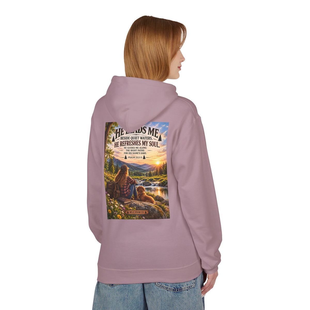 Women's Wild Roam Co. Scenic Hoodie — "He Leads Me Beside Quiet Waters" Inspirational Nature Pullover