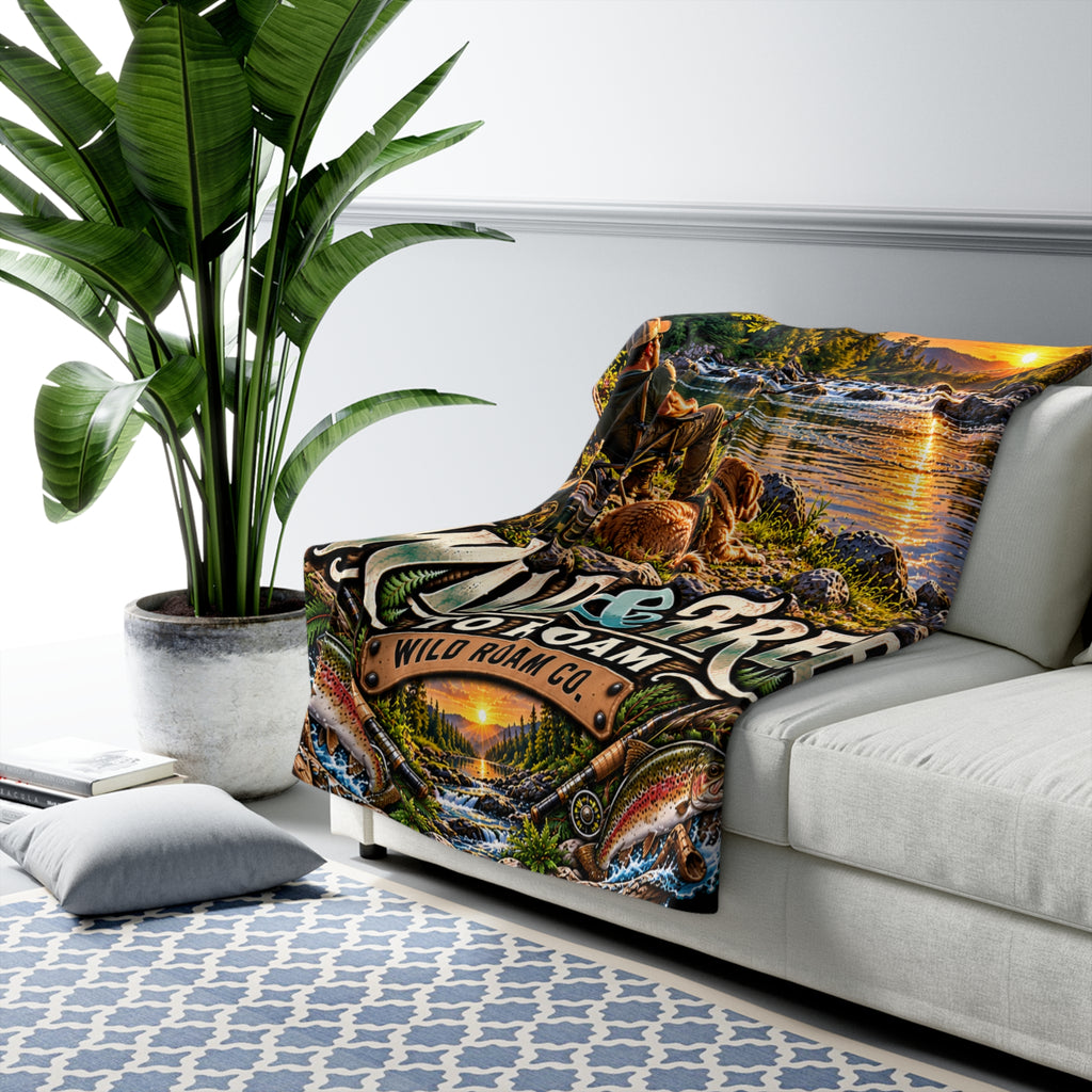 Wild & Free Sherpa Blanket — Outdoor Camping River Scene, 'Wild & Free to Roam' Cozy Throw