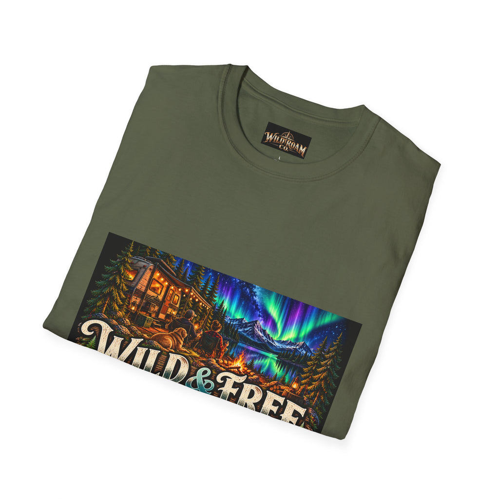 T-Shirt — Wild & Free to Roam Northern Lights Cabin Graphic Tee