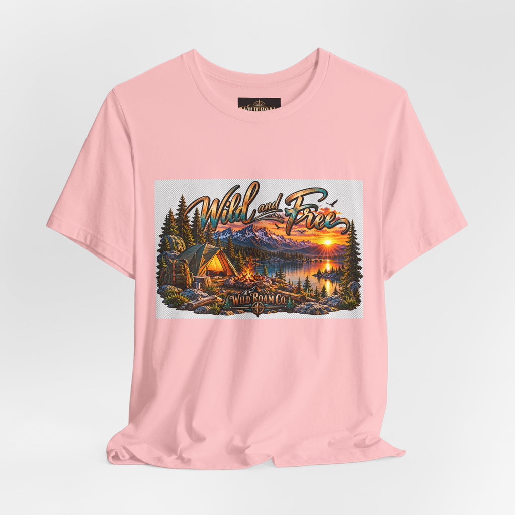 Wild and Free Camping T-Shirt — Mountain Lake Sunset Graphic Tee