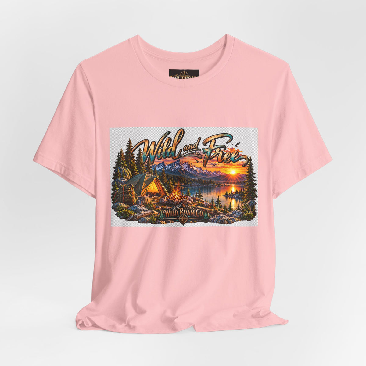 Wild and Free Camping T-Shirt — Mountain Lake Sunset Graphic Tee