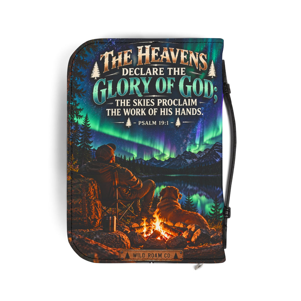Men's Bible Cover — "The Heavens Declare the Glory of God" Psalm 19:1 Northern Lights Camping Design