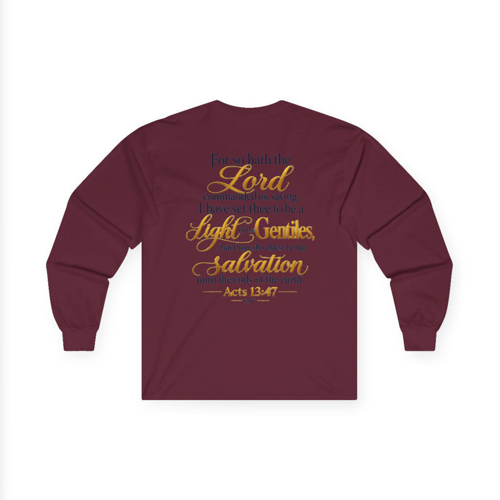 Long Sleeve Tee - "Wild + Roam Co." Faith Logo Sunset Graphic with Acts 13:47 Scripture Back