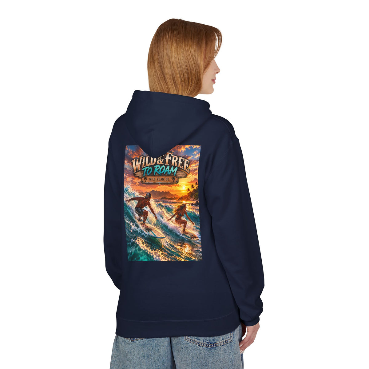 Surf Adventure Hoodie — "Wild & Free to Roam" Sunset Surf Graphic