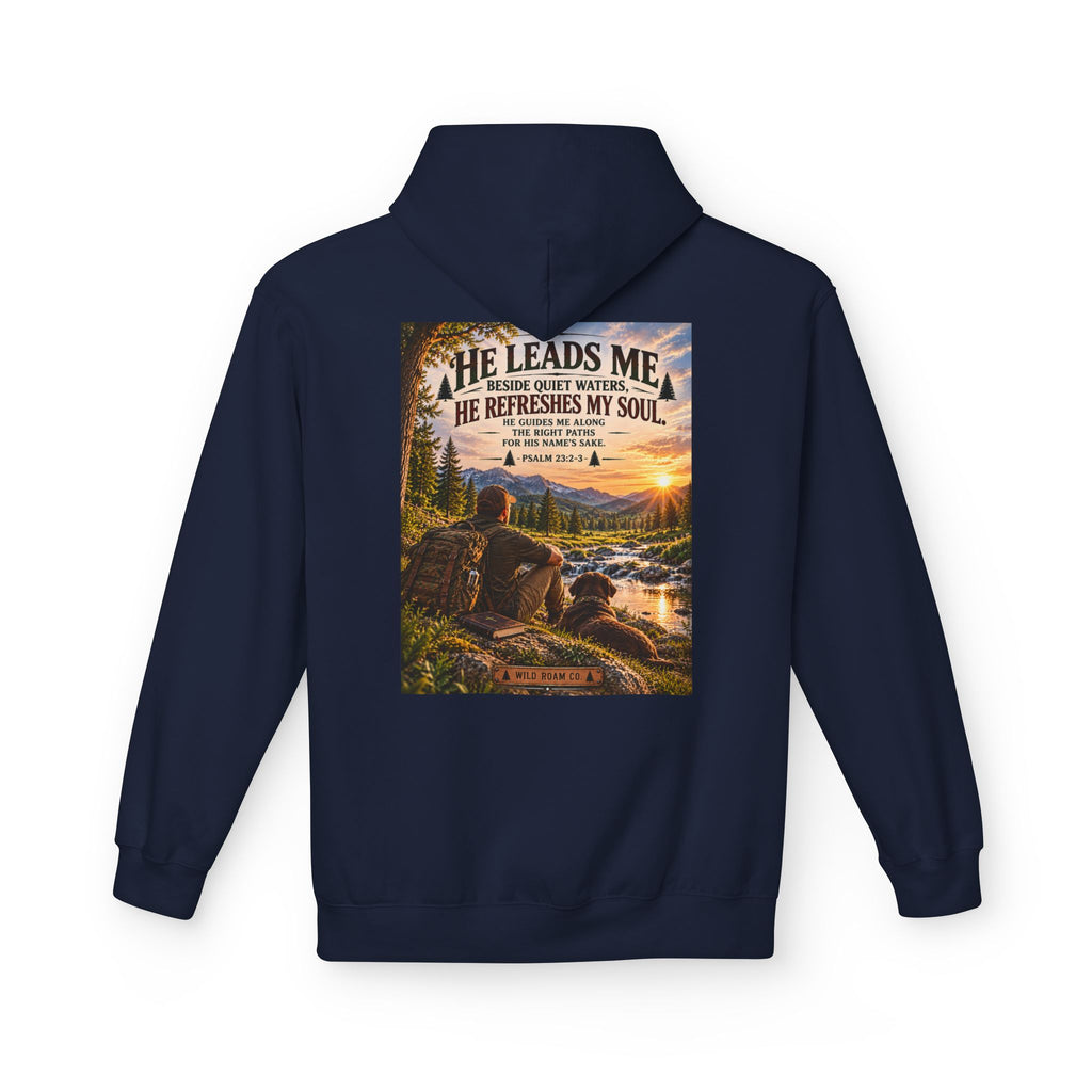 Men's Hoodie — "He Leads Me" Scenic Christian Outdoors Hoodie