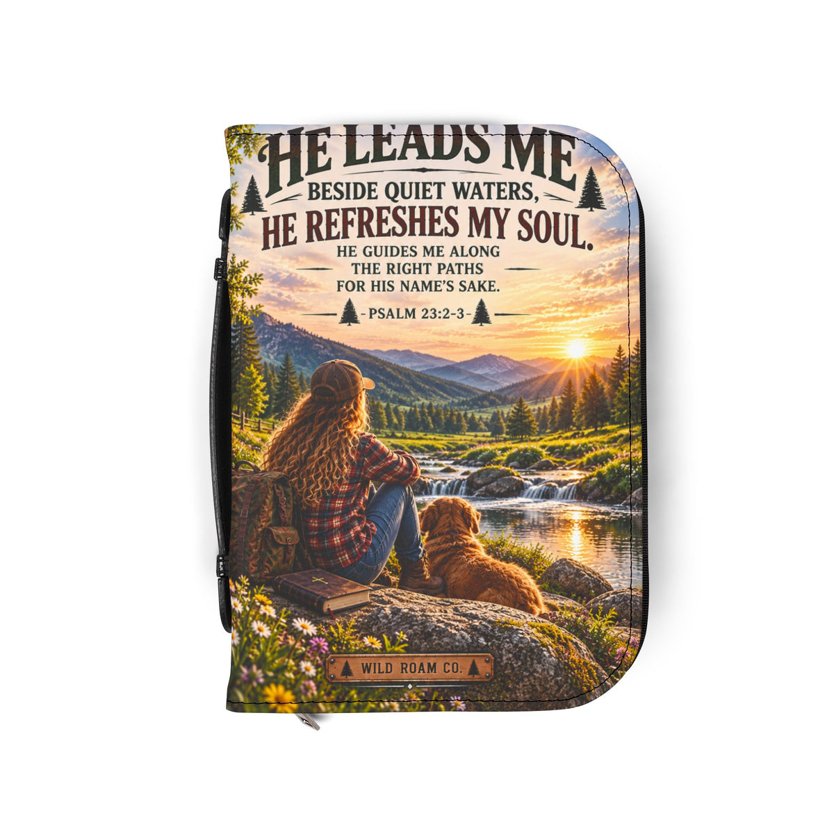 Men's Bible Cover — "He Leads Me Beside Quiet Waters" Psalm 23:2-3 Inspiring Outdoors Design