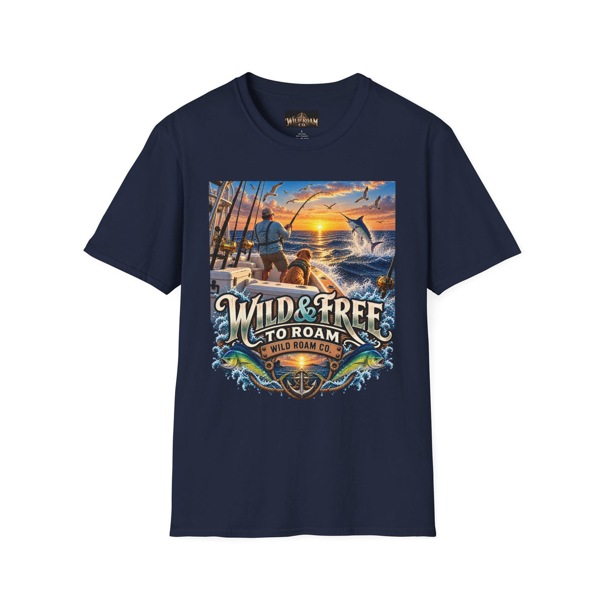 Wild & Free to Roam Fishing T-Shirt — Ocean Sunset Angler Tee