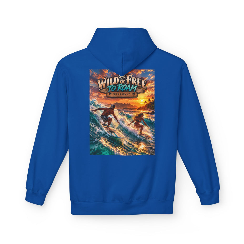 Surf Adventure Hoodie — "Wild & Free to Roam" Sunset Surf Graphic