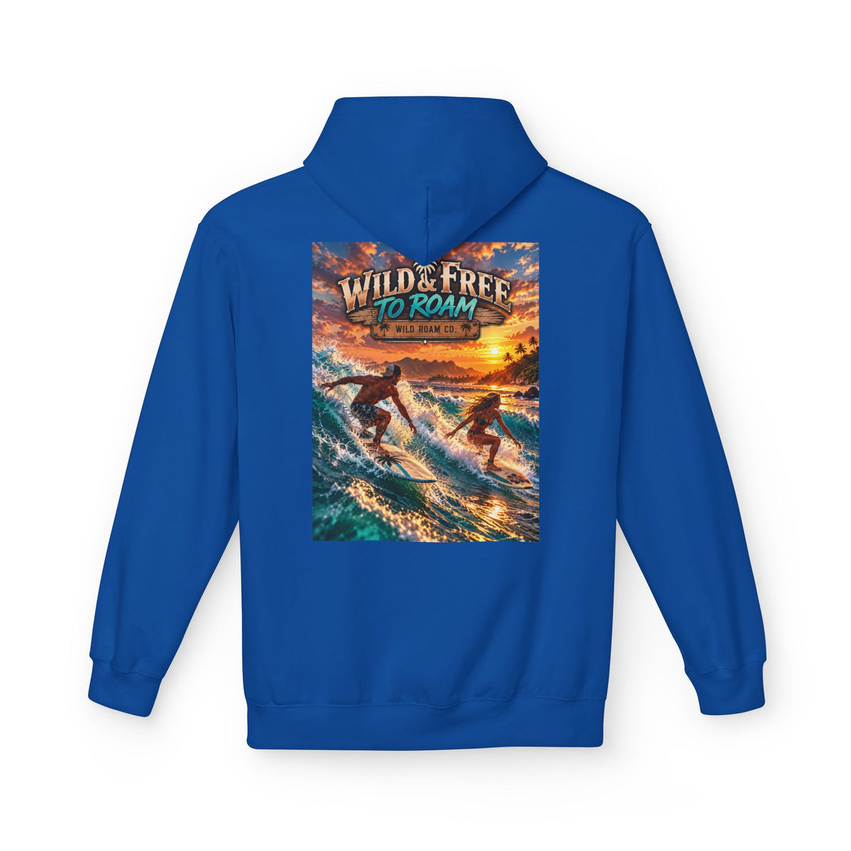 Surf Adventure Hoodie — "Wild & Free to Roam" Sunset Surf Graphic