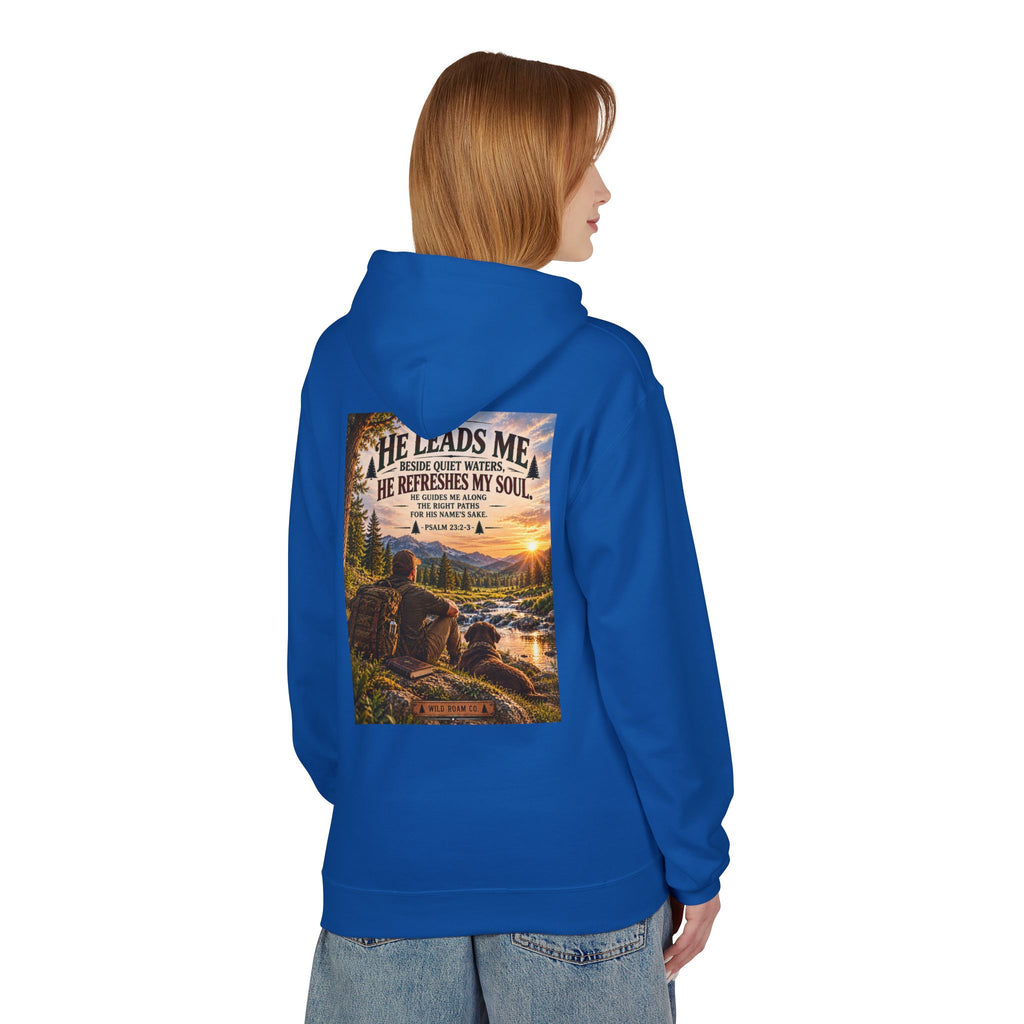Men's Hoodie — "He Leads Me" Scenic Christian Outdoors Hoodie