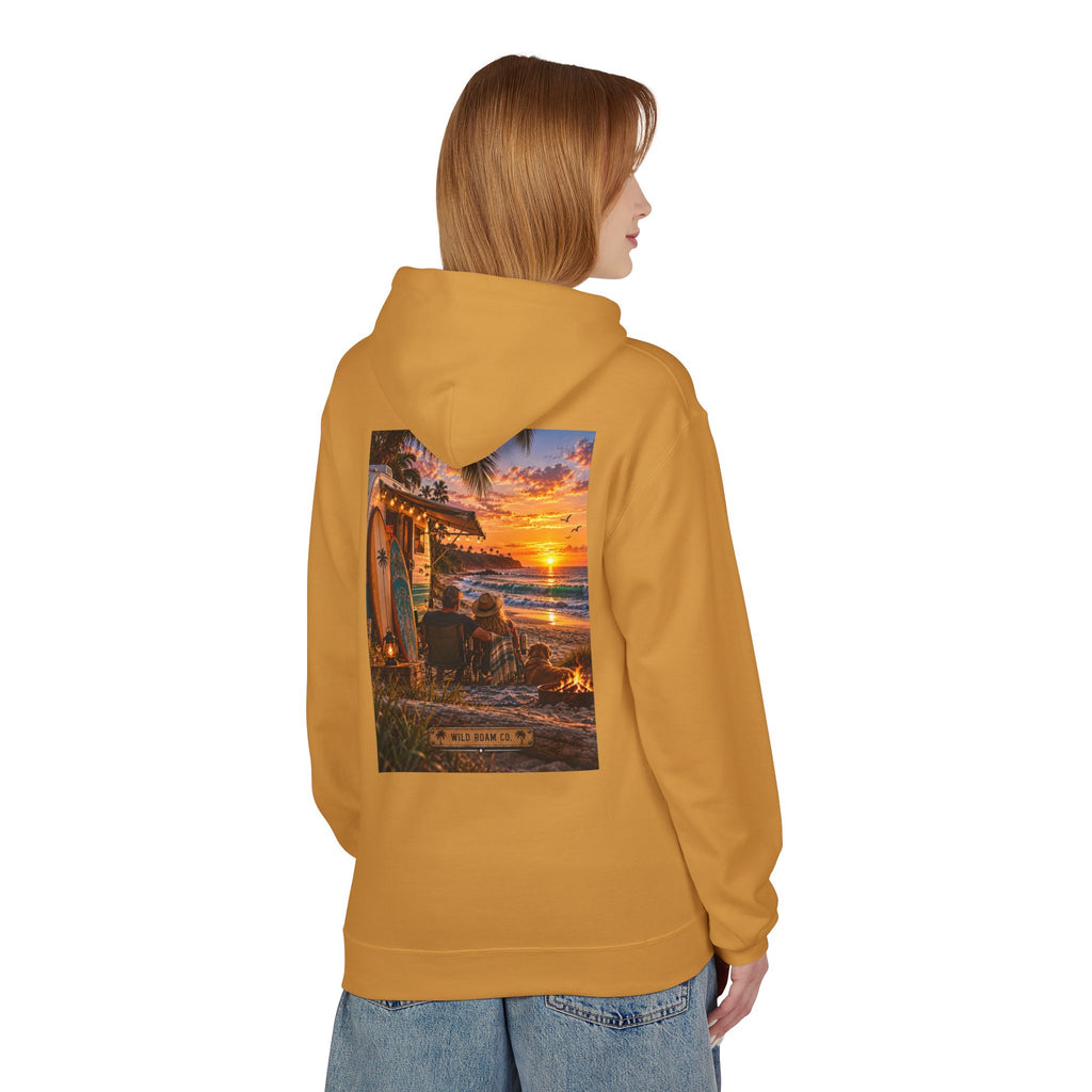 Wild Roam Co Hoodie--Surf Sunset Graphic Hoodie (Beach Sunset Surf Shack Design)