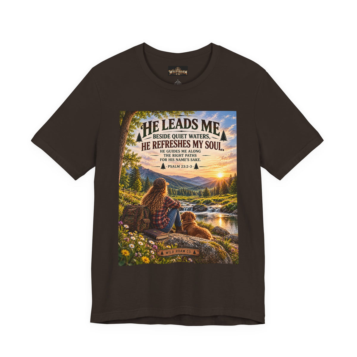 Women's He Leads Me T-Shirt — Christian Nature Faith Tee with Psalm 23 Sunset Scene