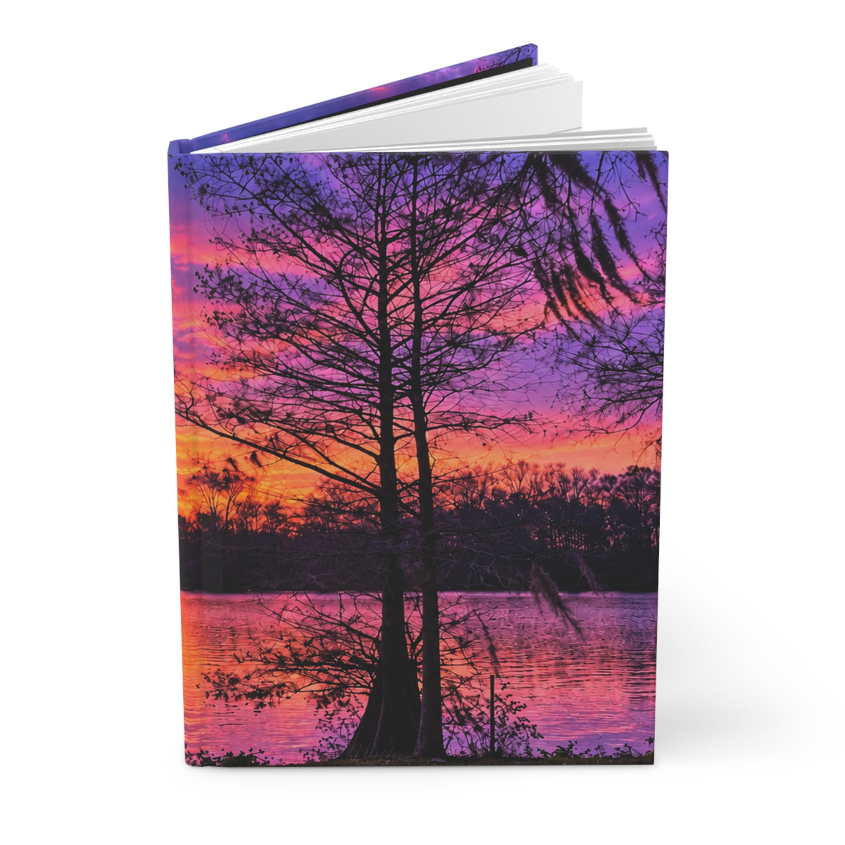 Sunset Lake Hardcover Journal — Lined Matte Notebook with Vibrant Purple & Orange Sky