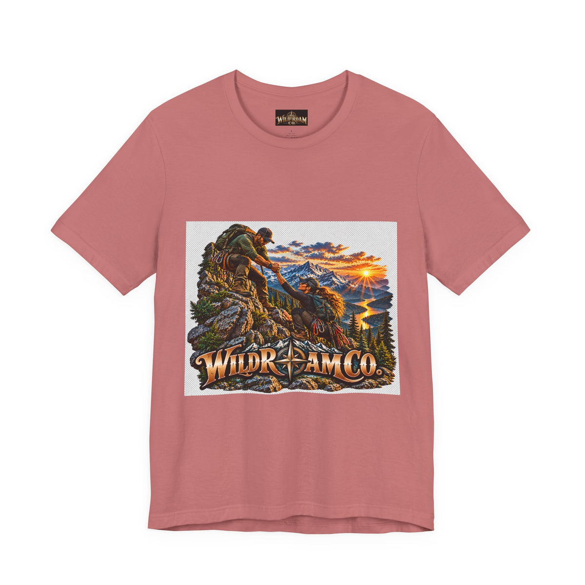 Couple Helping Hand Graphic Tee — Wild Roam Co. Mountain Climber Sunset T‑Shirt