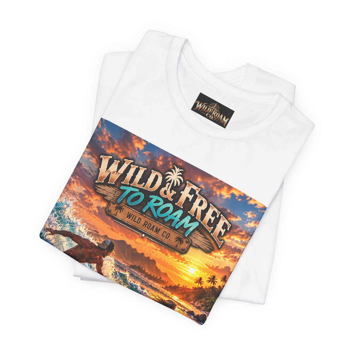 Surfing Sunset T‑Shirt — "Wild & Free to Roam" Beach Graphic Tee