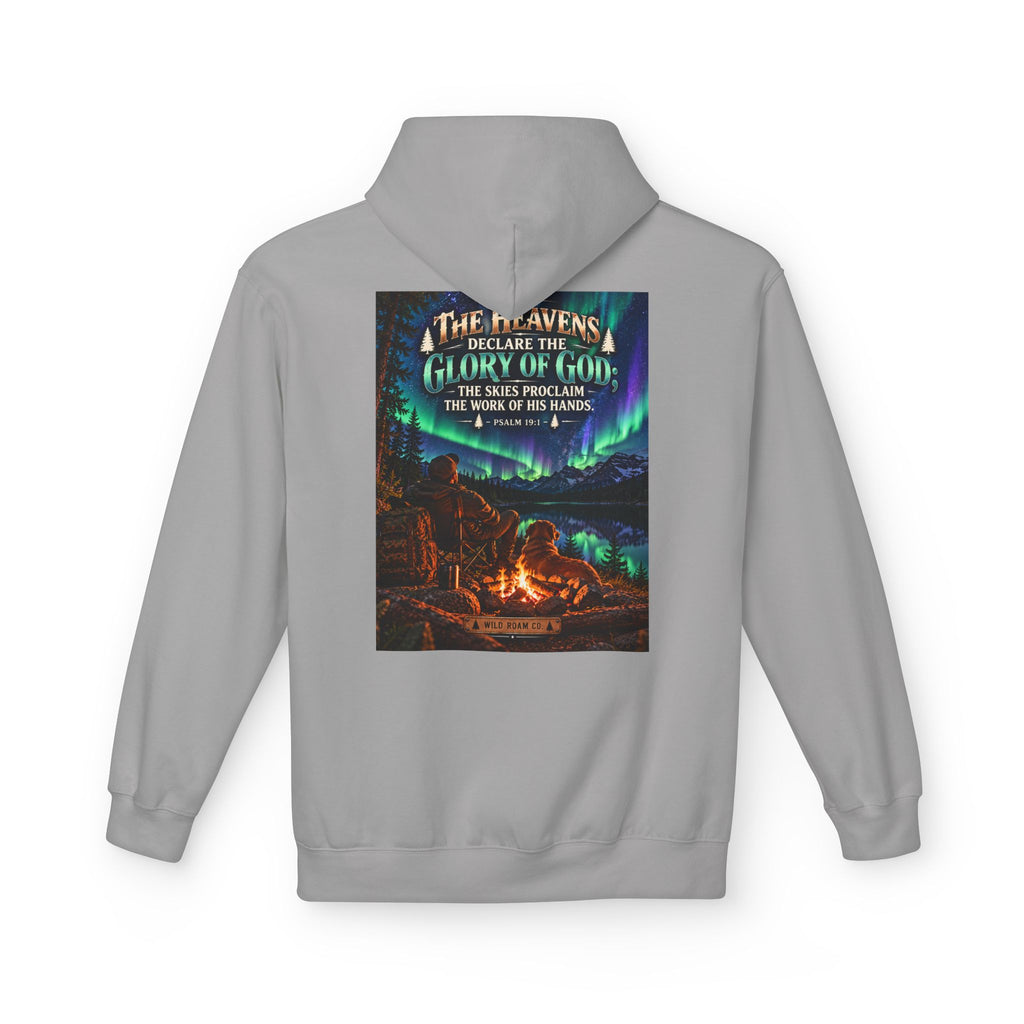 Men's Wilderness Campfire Hoodie — "The Heavens Declare" Scenic Christian Adventure Pullover