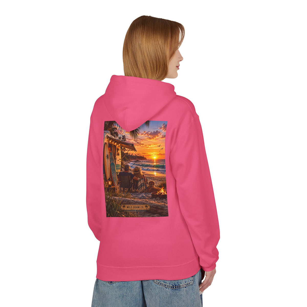 Wild Roam Co Hoodie--Surf Sunset Graphic Hoodie (Beach Sunset Surf Shack Design)