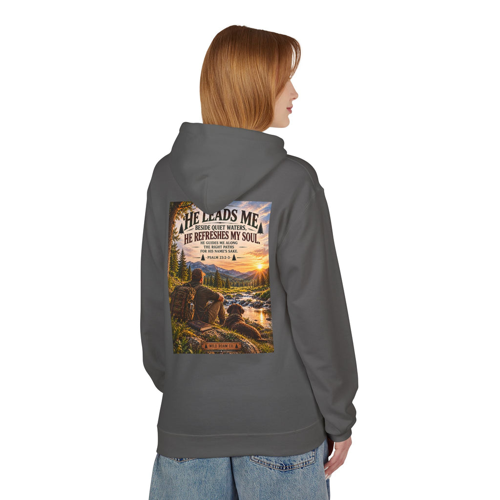 Men's Hoodie — "He Leads Me" Scenic Christian Outdoors Hoodie