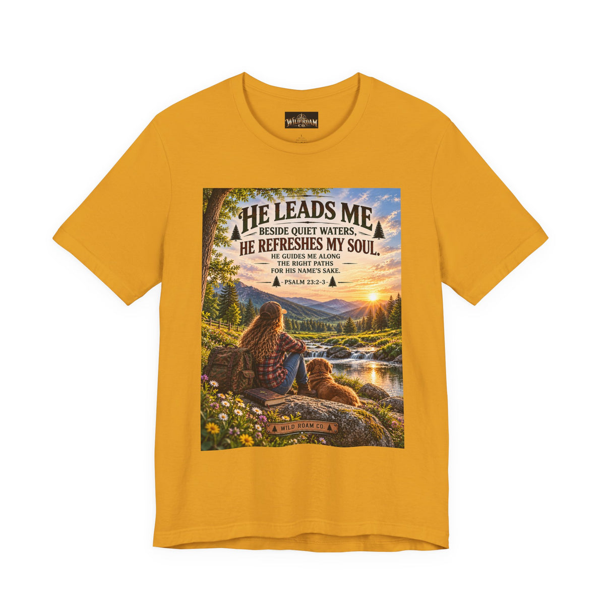 Women's He Leads Me T-Shirt — Christian Nature Faith Tee with Psalm 23 Sunset Scene