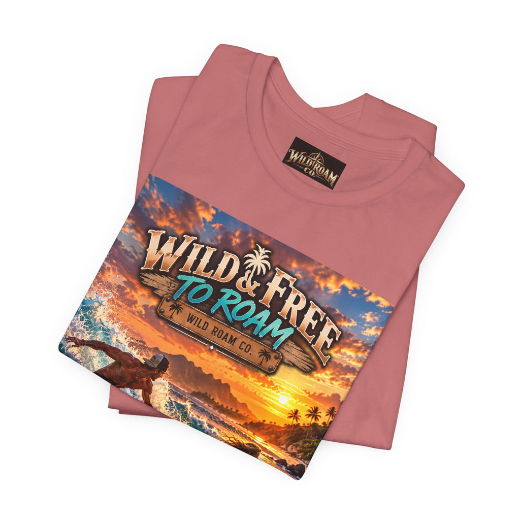 Surfing Sunset T‑Shirt — "Wild & Free to Roam" Beach Graphic Tee