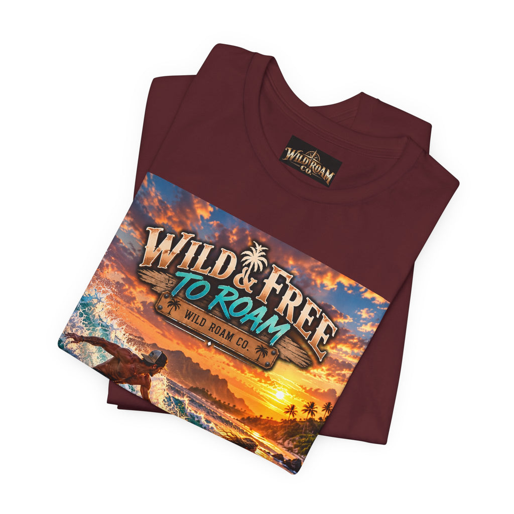 Surfing Sunset T‑Shirt — "Wild & Free to Roam" Beach Graphic Tee