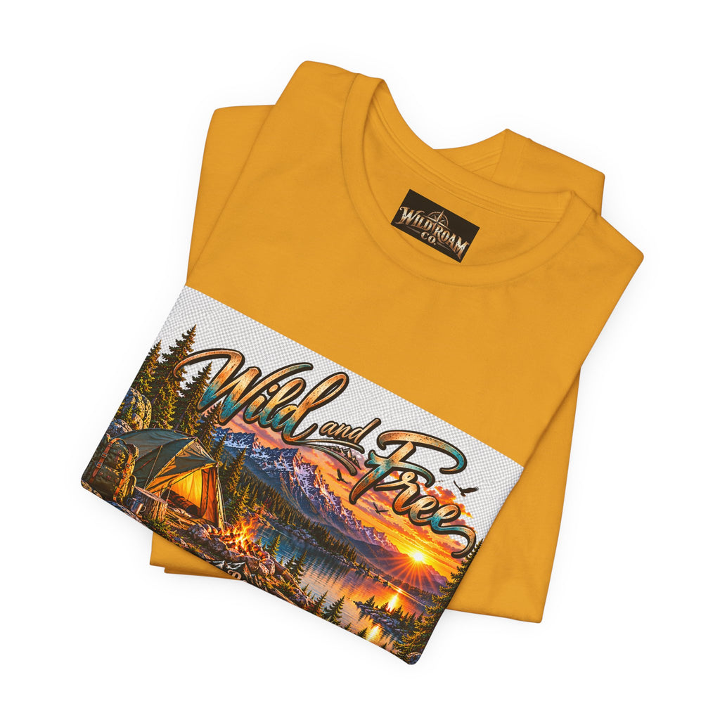 Wild and Free Camping T-Shirt — Mountain Lake Sunset Graphic Tee