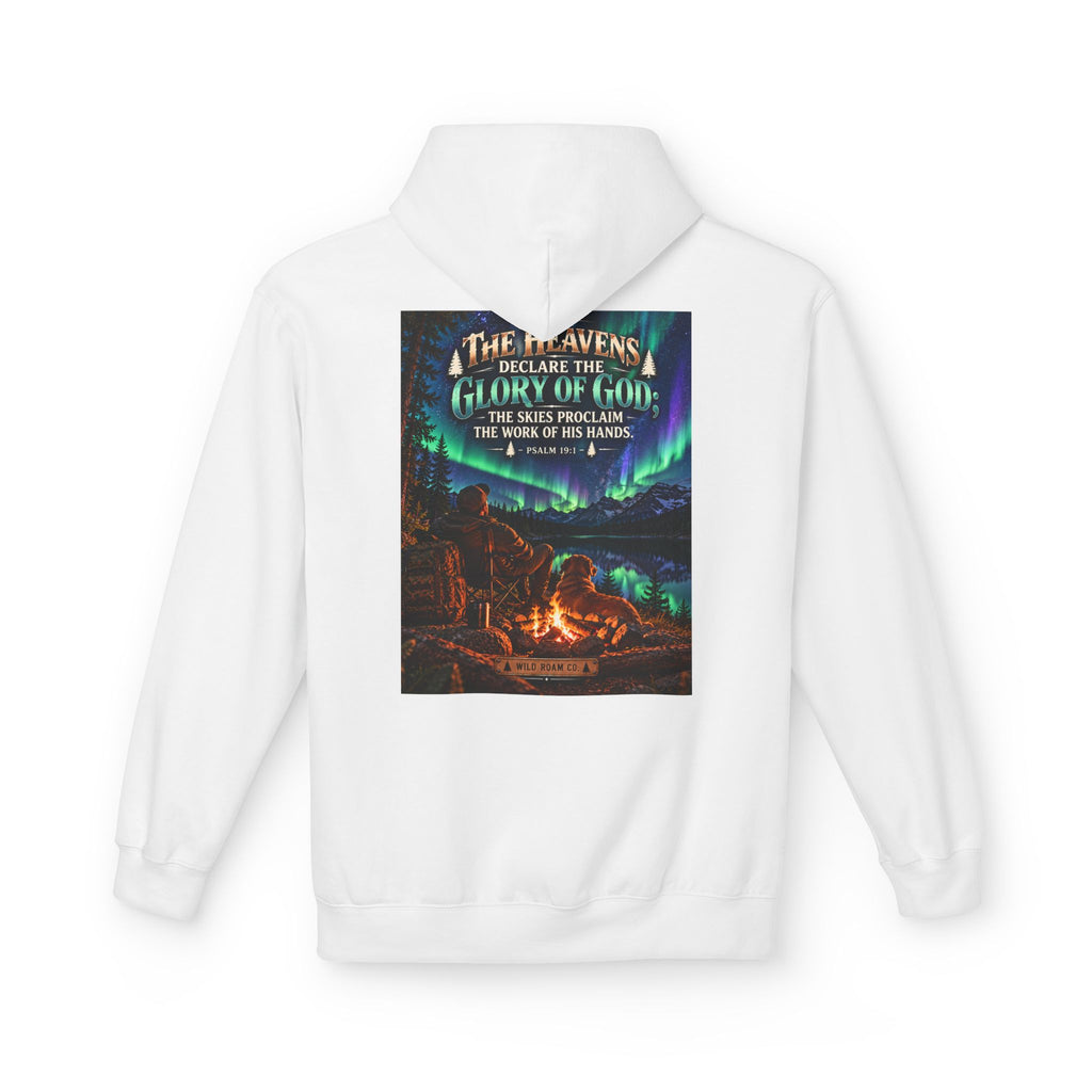 Men's Wilderness Campfire Hoodie — "The Heavens Declare" Scenic Christian Adventure Pullover