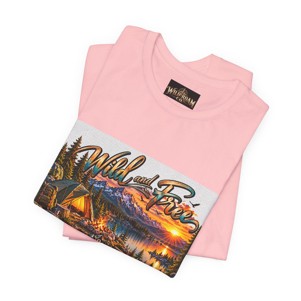 Wild and Free Camping T-Shirt — Mountain Lake Sunset Graphic Tee