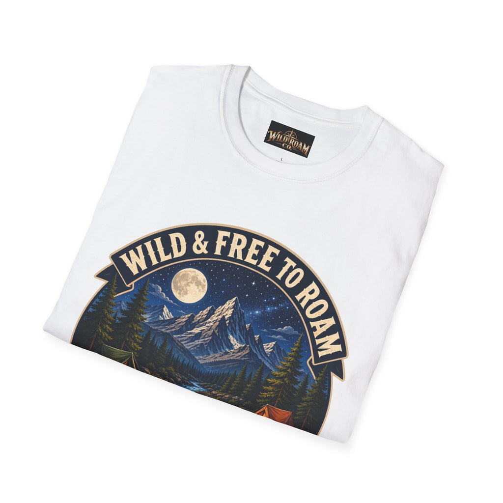 Camping T-Shirt — "Wild & Free to Roam" Mountain Campfire Graphic