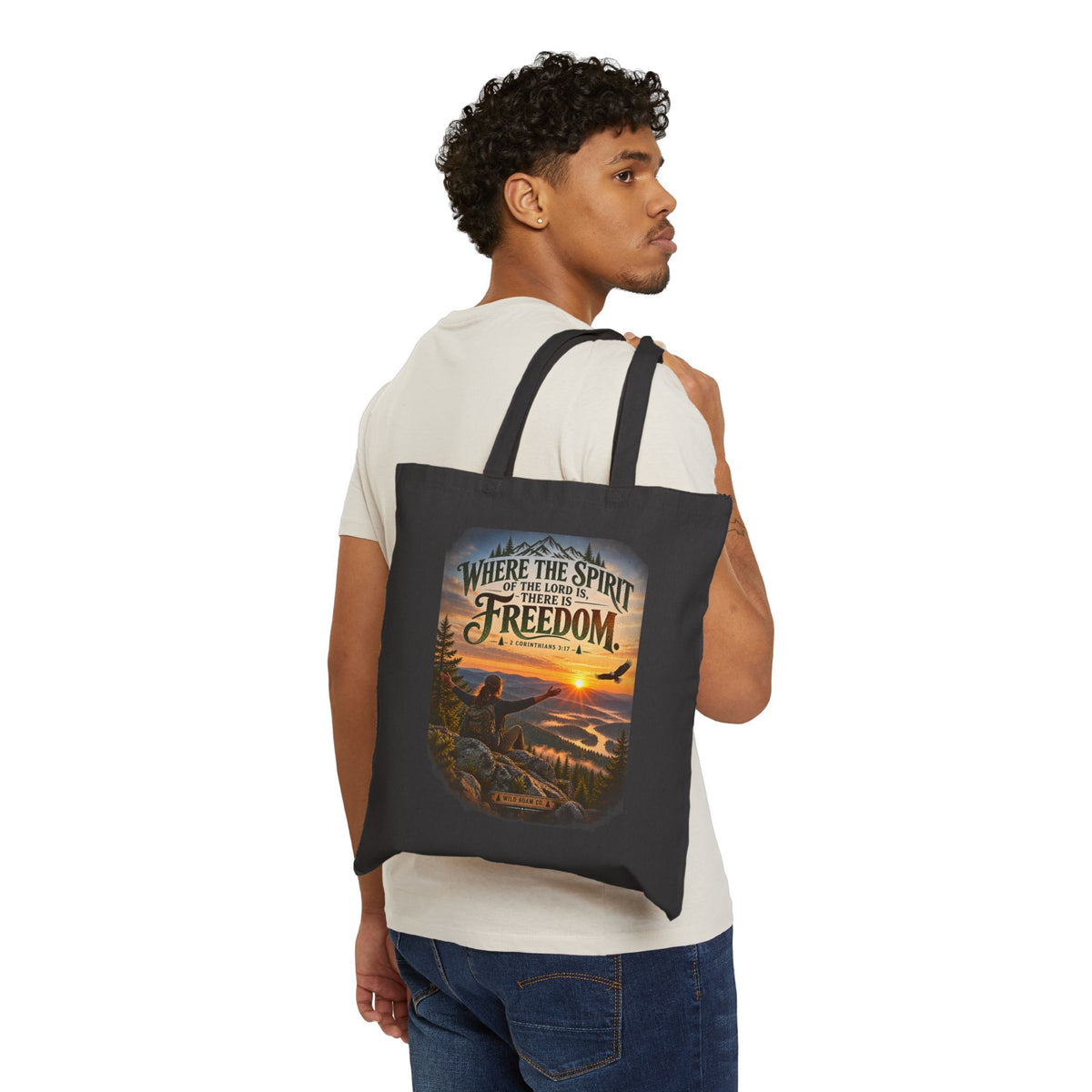 Freedom Sunrise Canvas Tote — "Where the Spirit of the Lord Is, There Is Freedom" Christian Tote Bag