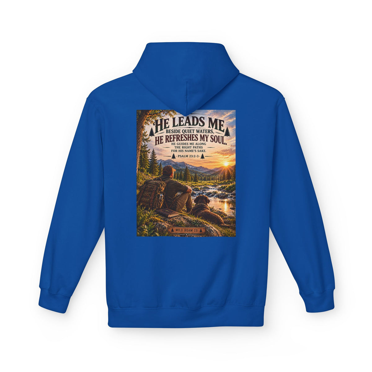 Men's Hoodie — "He Leads Me" Scenic Christian Outdoors Hoodie