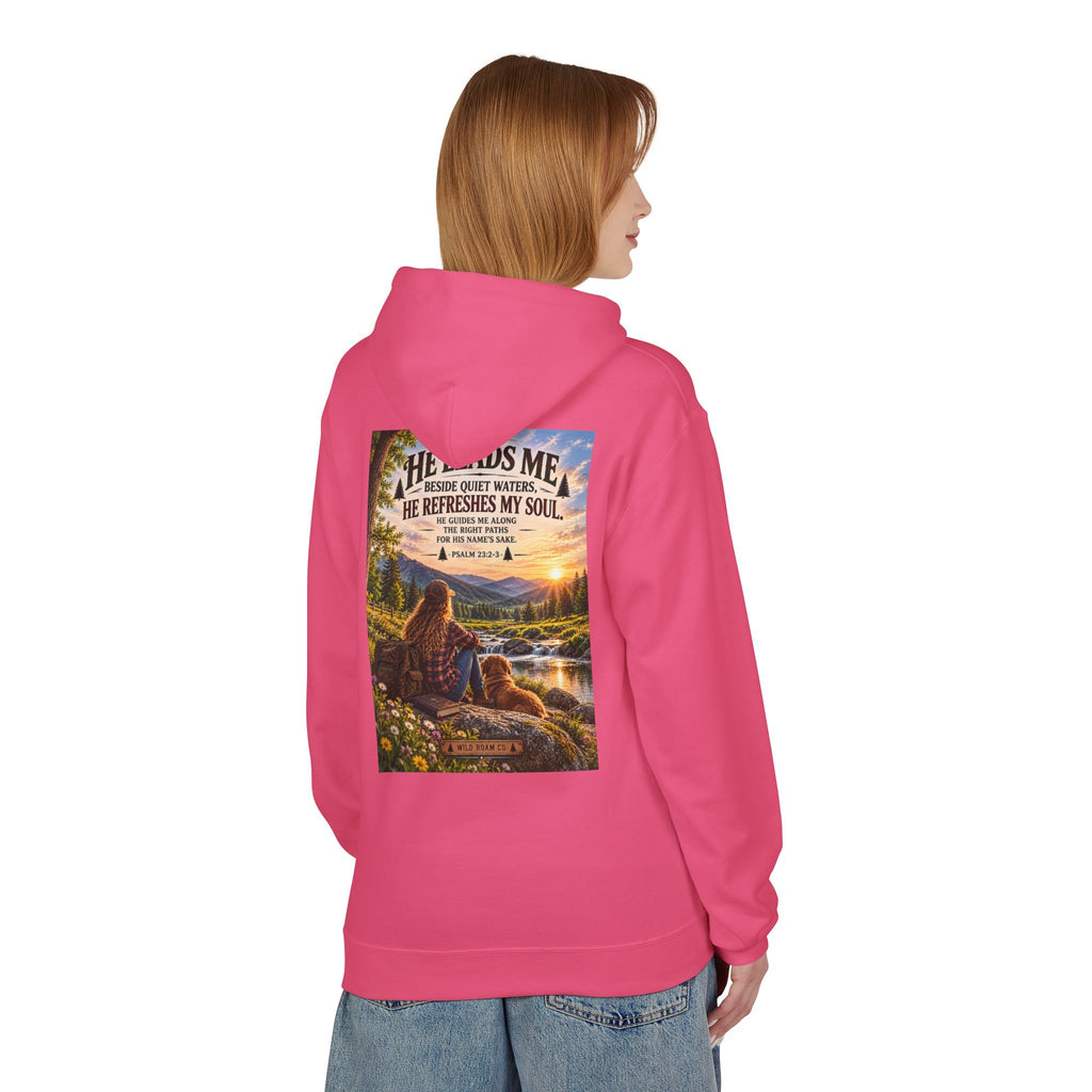 Women's Wild Roam Co. Scenic Hoodie — "He Leads Me Beside Quiet Waters" Inspirational Nature Pullover