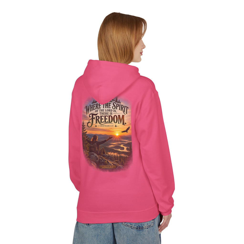 Women's Freedom Wilderness Hoodie — "Where the Spirit of the Lord is Freedom" Scenic Outdoor Pullover